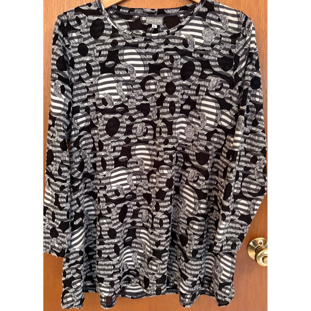 Niche Nilgun Derman Womens Large Black White Abstract Long Sleeve Tunic